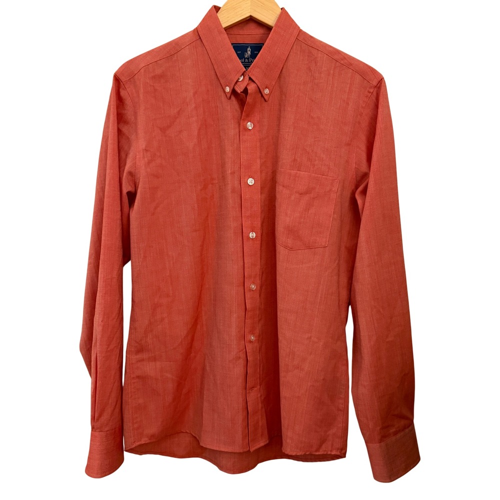 Wool & Prince Button Down Shirt Mens M Orange 100% Worsted Wool Long Slv